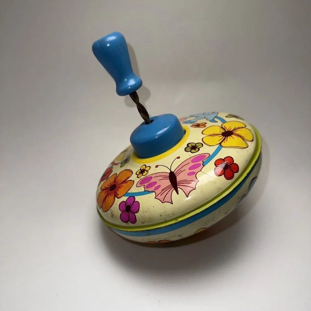 Vintage OHIO ART Tin Litho Toy Spinning Top Bluebird, Butterflies & Flowers